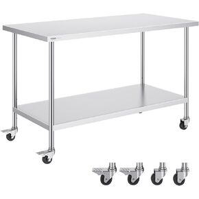 VEVOR Stainless Steel Work Table 24 x 12 x 38 Inch, 500 LBS Load Capacity with 4 Wheels, 3 Adjustable Height Levels, Heavy Duty Food Prep Worktable for Commercial Kitchen Restaurant, Silver