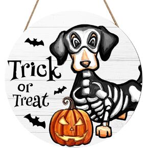 Halloween Trick or Treat Door Sign 11.8 inch, Colorful Dog Pumpkin Decoration Welcome Wreath Front Door Round Wooden Hanging Sign for Farmhouse Home Wall Porch Indoor Outdoor Decor MX004