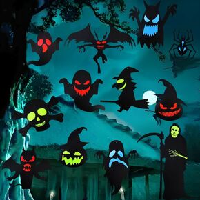 Halloween Glow Party Hanging Swirls Decorations, 12 PCS Glow in Dark Waterproof Wall Ornament, 3D Ceiling Streamer Large Ghost Bats Witch for Outdoor Yard Decor