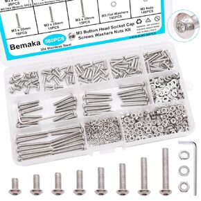 500PCS M3 M4 M5 Metric Screw Assortment Kit, 8-20mm Button Head Socket Cap Screws Bolts Nuts Washers Assortment Kit, 304 Stainless Steel Machine Screws with 3 Hex Wrench
