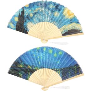 Folding Handheld Fans, Silk Paper Fans with Tassel, Starry Night Bamboo Chinese Oriental Cloth Fabric Tassel Fan Vintage Hand Held Party Dancing Decoration Art Pattern 2Pcs