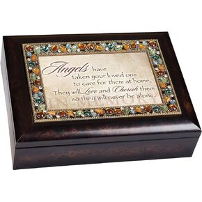 Cottage Garden Angels Care for Them at Home Sympathy Bereavement Jeweled Lid Musical Jewelry Box with Dark Burl Wood Finish - Plays On Eagle's Wings