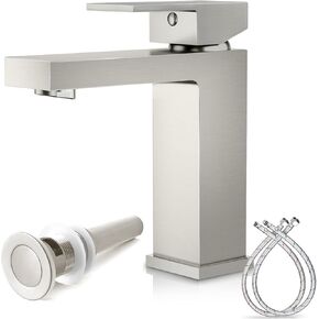 Brushed Nickel Bathroom Sink Faucet, Solid Brass Bathroom Faucet, Lead-Free Single Handle Vanity Faucets with Water Supply Hoses & Drain Stopper