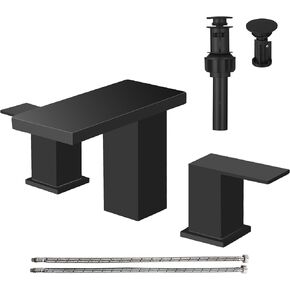 Hoimpro 8 Inches Widespread Matte Black Bathroom Sink Faucet, Two Handles Vanity Bathroom Faucet with cUPC Supply Hoses, 3 Holes Lavatory Basin Faucet with Pop Up Drain, Stainless Steel, Matte Black