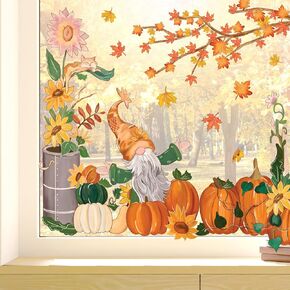 Fall Gnome Window Clings Colorful Maple Leaves Tree Window Stickers Reusable PVC Harvest Sunflower Pumpkin Double-Sided Window Decal for Autumn Thanksgiving Party Supplies, 4 Sheets