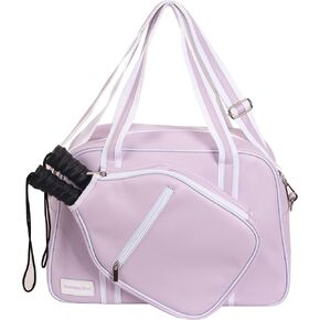 White PU Leather Women Sports Shoulder Gym Bag Pickleball Duffle Bag Pickleball Tote Bag with Front Pocket for 2 Paddles, Inner Storage Pockets, Mesh Water Bottle Holder and Adjustable Shoulder Strap
