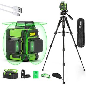 Huepar Self Leveling Rechargeable Lazer Level for Picture Hanging and Construction, with Pluse Mode for Outdoor, Hard Carry Case, Tripod, Glasses-HM03CGT
