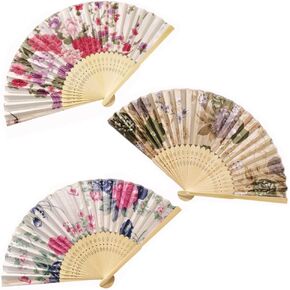 LuckyMoon 3 Pcs Floral Printed Folding Hand Fan, Handheld Classical Delicate Hollowed Bamboo Fans for Dancing, Decorative Hand Holding Fans for Wedding Party Favors Gift Wall Hanging Decoration