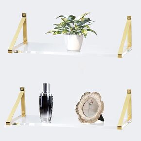 Clear Shelves for Wall,Gold Shelves Crystal-Clear Acrylic Floating Shelves,Gold Floating Shelves,Sturdy Thickness 10mm(0.4inch) Acrylic Shelves,Gold Wall Shelf for Living Room Set of 2.
