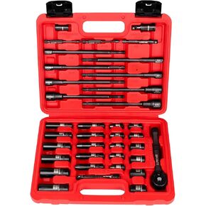 LLNDEI 1/4" Drive Socket set & Nut Driver Set 44PCS, 1/4-Inch Sockets Deep&Shallow Metric(4-15mm) with Ratchet, 1/4" Hex Shank 6" Long Nut Drivers(6-14mm) for Impact Drill Bits(PH1 PH2)