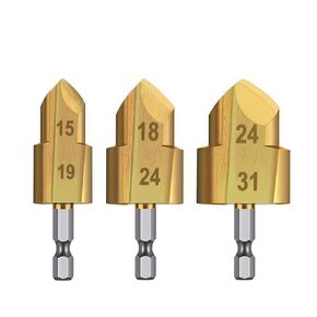 3pcs Heavy Duty Pipe Reaming Step Drill Bit Set Titanium Coated Water Pipe Lifting Drill Bits Reaming Repair Tool 1/4" Hex Shank Conduit Reamer Step Bits PVC Pipe Expander (20/25/32mm)