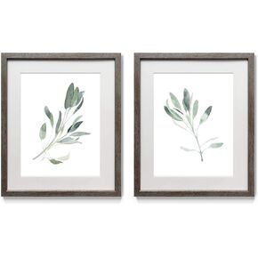 Renditions Gallery Earthtone Herbs 2 Framed Artwork Set, Colorful Botanical, Flower Art, Watercolor Green & Brown, Distressed Silver Frame, White Mat & Plexiglass, 16 in W X 20 in H, Made in America
