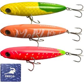 StickFarm 3pcs Float Stick Ploppers, Topwater Bass Fishing Lures Saltwater & Freshwater, Pencil Poppers with Delicate Coating & Quality Hooks, Creative Angler Gifts, Long Cast Walkers
