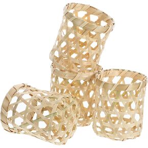 Rustic Rattan Woven Tea Light Candle Holders - Set of 4 - Elegant Glass Votive Decorative Hurricane for Dining Table and Kitchen Ambiance