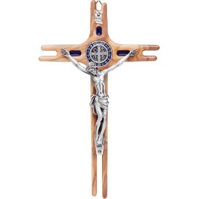 Mondo Cattolico - Crucifix wall cross Catholic Benedict During Pope's Angelus, Saint Benedict Olive Wood Crucifix with Enameled Medal - Jesus Crucifix 7.48"x 4.5" - Ideal Catholic Gift