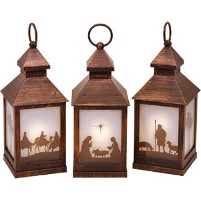 Antique Bronze Inspirational Silhouette Nativity Scene LED Flameless Holiday Candle Lanterns, Set of 3, 9.5 Inch