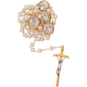 Pearlesque Catholic Rosary with Medals | St. Benedict, St. Francis St. Michael, Sacred Heart, or Our Lady of Guadalupe | Great Gift for First Communion and Confirmation