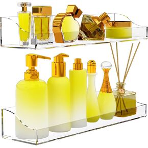 Acrylic Bathroom Shelves Adhesive, 2 Pack Self Adhesive Clear Shower Shelves Transparent Floating Shelf Wall Mounted Thick Storage Rv Accessories Display No Drill Organization Decor