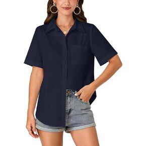 Women’s Casual Collared Button Down Short Sleeve Cotton Summer Blouse Shirt Top with Pocket