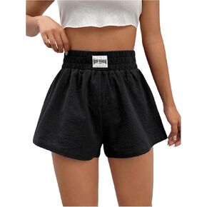 SOLY HUX Women's Summer Elastic Waist Shorts Wide Leg Letter Patched Lounge Shorts Casual Track Shorts