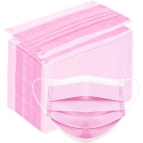 50 Pack Pink Disposable Face Mask for Adults, Solid Pink Breathable 3-Ply Earloop Full Face Protection for Women & Teen Girls