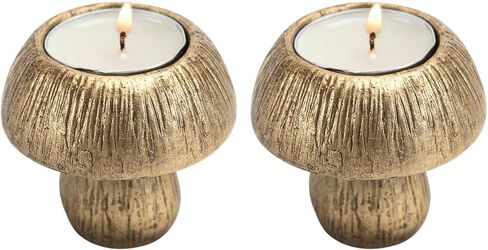 مجموعة حامل شموع الفطر اللطيفة من NIKKY HOME مكونة من 2، حاملات شموع ذهبية لتزيين الطاولة المركزية، حامل ديكور لشموع ضوء الشاي، شموع نذرية، ديكور الخريف الريفي in Kuwait