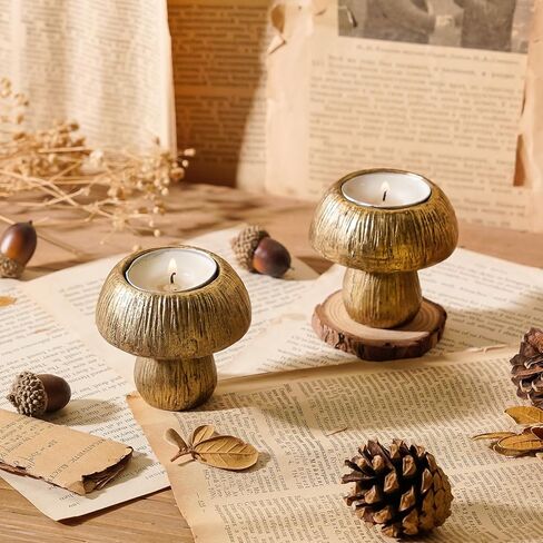 مجموعة حامل شموع الفطر اللطيفة من NIKKY HOME مكونة من 2، حاملات شموع ذهبية لتزيين الطاولة المركزية، حامل ديكور لشموع ضوء الشاي، شموع نذرية، ديكور الخريف الريفي in Kuwait