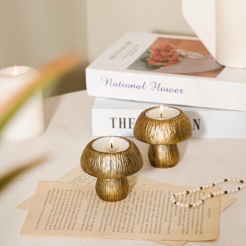 مجموعة حامل شموع الفطر اللطيفة من NIKKY HOME مكونة من 2، حاملات شموع ذهبية لتزيين الطاولة المركزية، حامل ديكور لشموع ضوء الشاي، شموع نذرية، ديكور الخريف الريفي in Kuwait