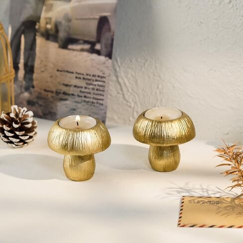 مجموعة حامل شموع الفطر اللطيفة من NIKKY HOME مكونة من 2، حاملات شموع ذهبية لتزيين الطاولة المركزية، حامل ديكور لشموع ضوء الشاي، شموع نذرية، ديكور الخريف الريفي in Kuwait
