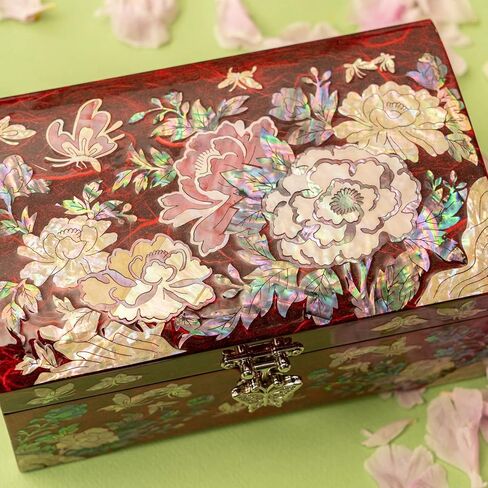February Mountain Mother of Pearl Jewelry Organizer Box Gift for her Jewelry Boxes for Women 2 Layers Jewelry Storage Case with Large Mirror Antique Vintage Room décor Trinket Keepsake Box in Kuwait