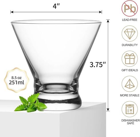 Martini Glasses Set of 4, Stemless Martini Cocktail Glasses for Margarita, Manhattan, Cosmopolitan, Home Bar, Evening Parties, Birthdays, Housewarming Gift, Crystal Clear 8.5 OZ in Saudi Arabia