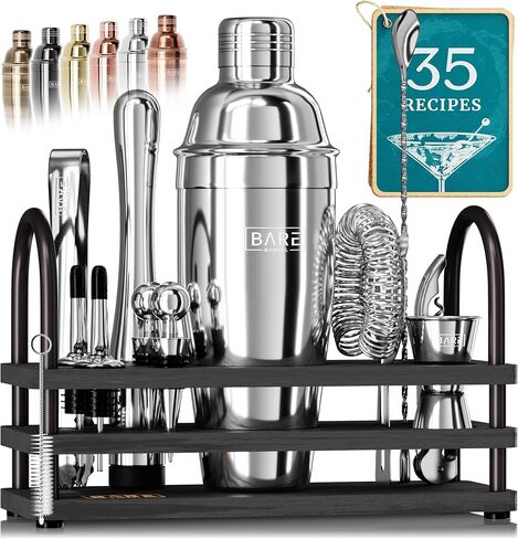 BARE BARREL® Mixology Bartender Kit Bar Set | 14-Piece Cocktail Shaker Set | Martini Barware Mixing Tools for Home Bartending | 35 Recipe Cards | Gift Set (24oz Cobbler Shaker, Silver/Black) in Saudi Arabia