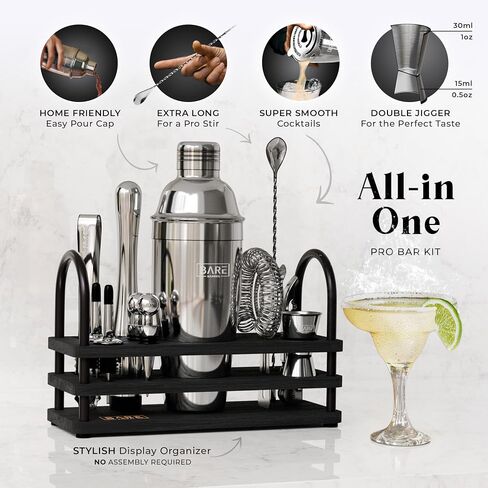 BARE BARREL® Mixology Bartender Kit Bar Set | 14-Piece Cocktail Shaker Set | Martini Barware Mixing Tools for Home Bartending | 35 Recipe Cards | Gift Set (24oz Cobbler Shaker, Silver/Black) in Saudi Arabia