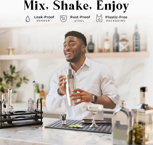 BARE BARREL® Mixology Bartender Kit Bar Set | 14-Piece Cocktail Shaker Set | Martini Barware Mixing Tools for Home Bartending | 35 Recipe Cards | Gift Set (24oz Cobbler Shaker, Silver/Black) in Saudi Arabia
