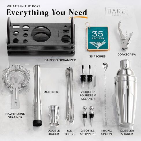 BARE BARREL® Mixology Bartender Kit Bar Set | 14-Piece Cocktail Shaker Set | Martini Barware Mixing Tools for Home Bartending | 35 Recipe Cards | Gift Set (24oz Cobbler Shaker, Silver/Black) in Saudi Arabia