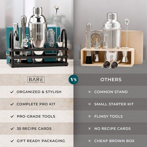 BARE BARREL® Mixology Bartender Kit Bar Set | 14-Piece Cocktail Shaker Set | Martini Barware Mixing Tools for Home Bartending | 35 Recipe Cards | Gift Set (24oz Cobbler Shaker, Silver/Black) in Saudi Arabia