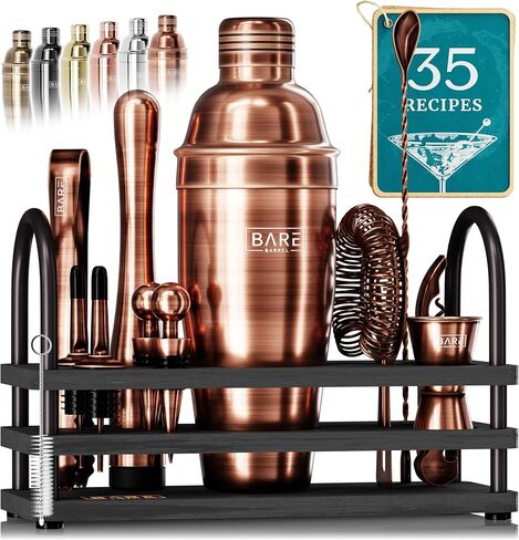 BARE BARREL® Mixology Bartender Kit Bar Set | 14-Piece Cocktail Shaker Set | Martini Barware Mixing Tools for Home Bartending | 35 Recipe Cards | Gift Set (24oz Cobbler Shaker, Silver/Black) in Saudi Arabia