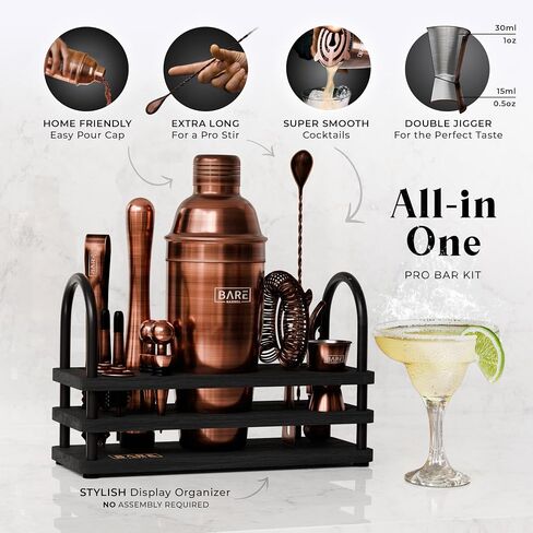 BARE BARREL® Mixology Bartender Kit Bar Set | 14-Piece Cocktail Shaker Set | Martini Barware Mixing Tools for Home Bartending | 35 Recipe Cards | Gift Set (24oz Cobbler Shaker, Silver/Black) in Saudi Arabia