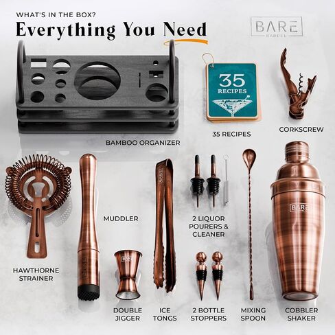 BARE BARREL® Mixology Bartender Kit Bar Set | 14-Piece Cocktail Shaker Set | Martini Barware Mixing Tools for Home Bartending | 35 Recipe Cards | Gift Set (24oz Cobbler Shaker, Silver/Black) in Saudi Arabia