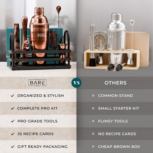 BARE BARREL® Mixology Bartender Kit Bar Set | 14-Piece Cocktail Shaker Set | Martini Barware Mixing Tools for Home Bartending | 35 Recipe Cards | Gift Set (24oz Cobbler Shaker, Silver/Black) in Saudi Arabia