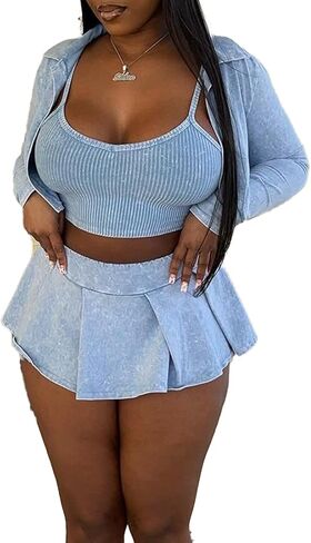 طقم بدلات رياضية نسائية من Molilove مكون من 3 قطع جاكيت قصير بأكمام طويلة بدون أكمام رياضي وتنورة صغيرة بدلة رياضية للربيع والصيف in Kuwait