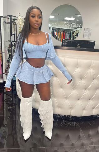 طقم بدلات رياضية نسائية من Molilove مكون من 3 قطع جاكيت قصير بأكمام طويلة بدون أكمام رياضي وتنورة صغيرة بدلة رياضية للربيع والصيف in Kuwait