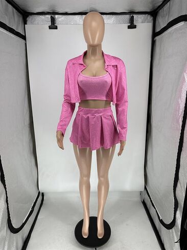 Molilove Women's Sweatsuits Sets 3 Piece Outfits Long Sleeve Crop Jacket Sport Tank and Mini Skirt Spring Summer Tracksuit in Saudi Arabia