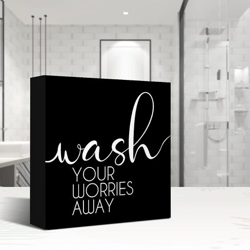 Funny Bathroom Wood Block Signs,Wash Your Worries Away Wooden Box Sign for Bathroom Shelf Toilet Restroom Home Tabletop Desk Decor,Rustic Bathroom Sign Decor V562 in Saudi Arabia