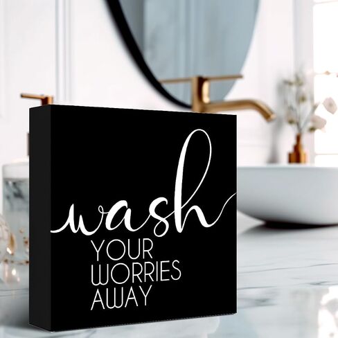 Funny Bathroom Wood Block Signs,Wash Your Worries Away Wooden Box Sign for Bathroom Shelf Toilet Restroom Home Tabletop Desk Decor,Rustic Bathroom Sign Decor V562 in Saudi Arabia