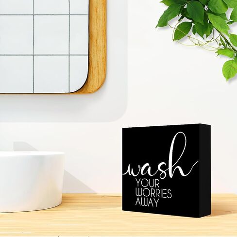 Funny Bathroom Wood Block Signs,Wash Your Worries Away Wooden Box Sign for Bathroom Shelf Toilet Restroom Home Tabletop Desk Decor,Rustic Bathroom Sign Decor V562 in Saudi Arabia