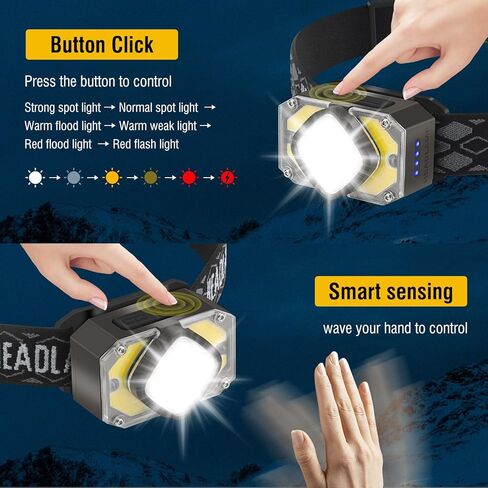 BORUIT G7 LED Rechargeable Headlamp Super Bright Motion Sensor Head lamp with Red Light,USB-C 5 Modes IPX6 Waterproof Head Light Gear for Adult Running Fishing Camping,Outdoor Emergency & Daily Use in Kuwait