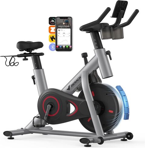 MERACH Exercise Bike, Brake Pad/Magnetic Stationary Bike with Exclusive App, Low Noise Indoor Cycling Bike with 270lbs Weight Capacity, Dumbbell Rack and Fitness Courses for Weight Loss in Saudi Arabia