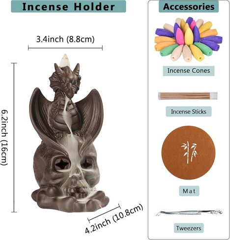 حامل مبخرة بتدفق خلفي من Comeon، حامل بخور سيراميك، مبخرة زن، مبخرة بخور زن، ديكور منزلي رومانسي + 20 مخروط بخور بتدفق خلفي، 30 عصا بخور، ملقط واحد، بساط واحد (تنين) in Kuwait
