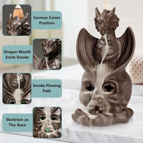 حامل مبخرة بتدفق خلفي من Comeon، حامل بخور سيراميك، مبخرة زن، مبخرة بخور زن، ديكور منزلي رومانسي + 20 مخروط بخور بتدفق خلفي، 30 عصا بخور، ملقط واحد، بساط واحد (تنين) in Kuwait